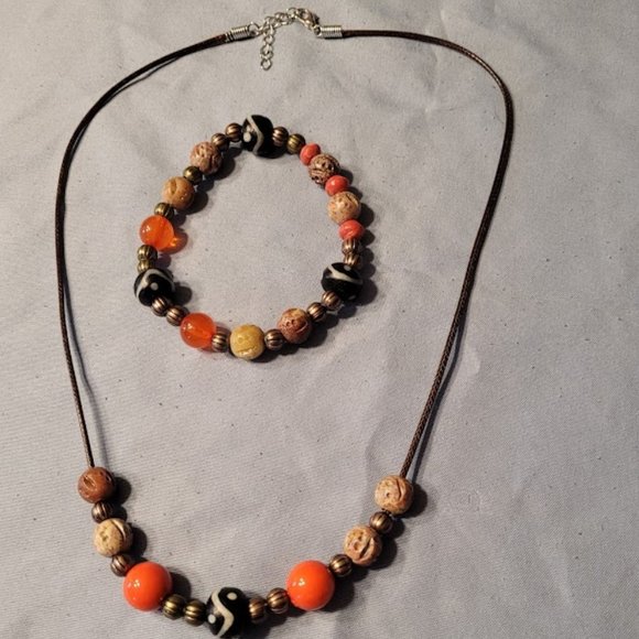 Handmade Jewelry - #505 Handmade Brown & Black Wood & Orange Beads Necklace & Matching Bracelet